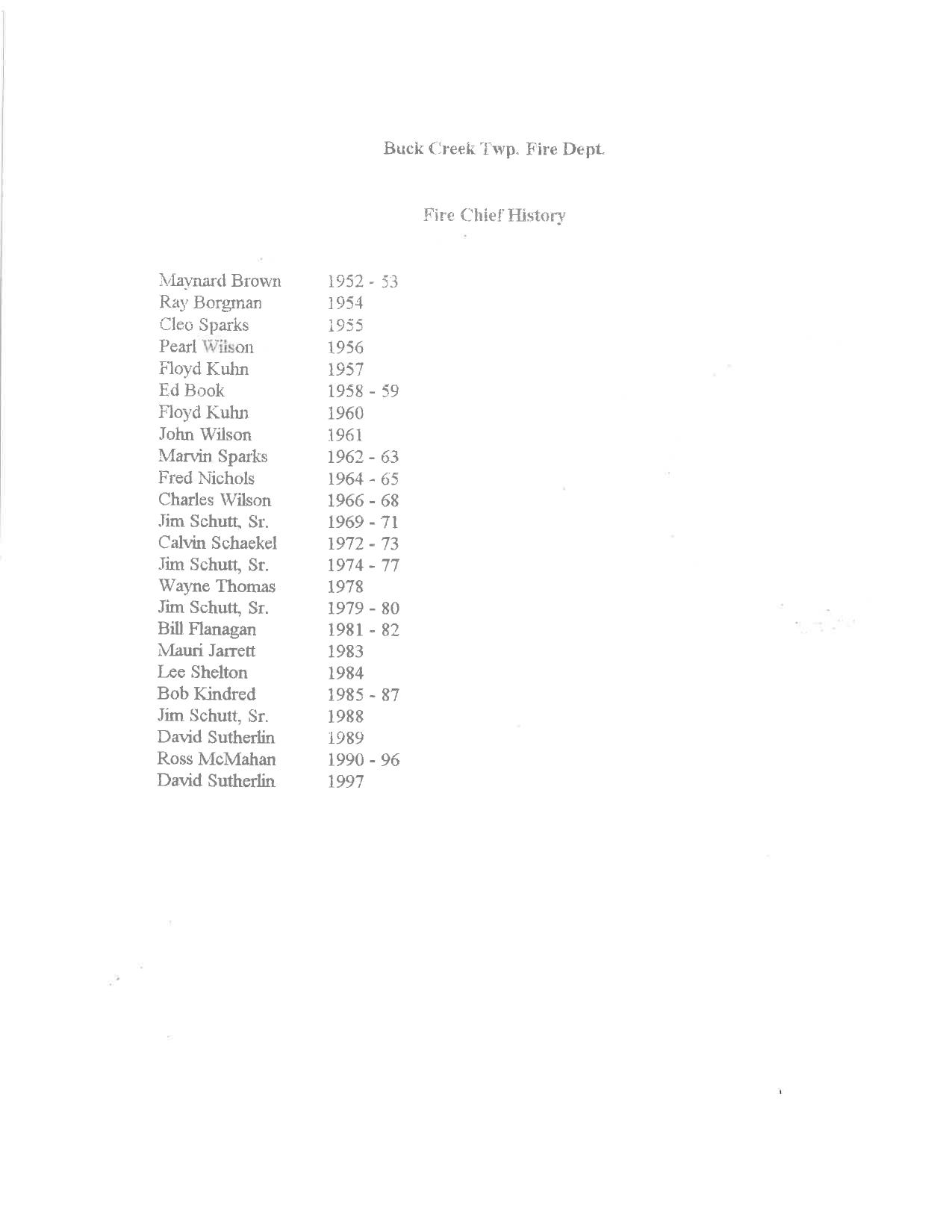Original list of Buck Creek Township fire chiefs.