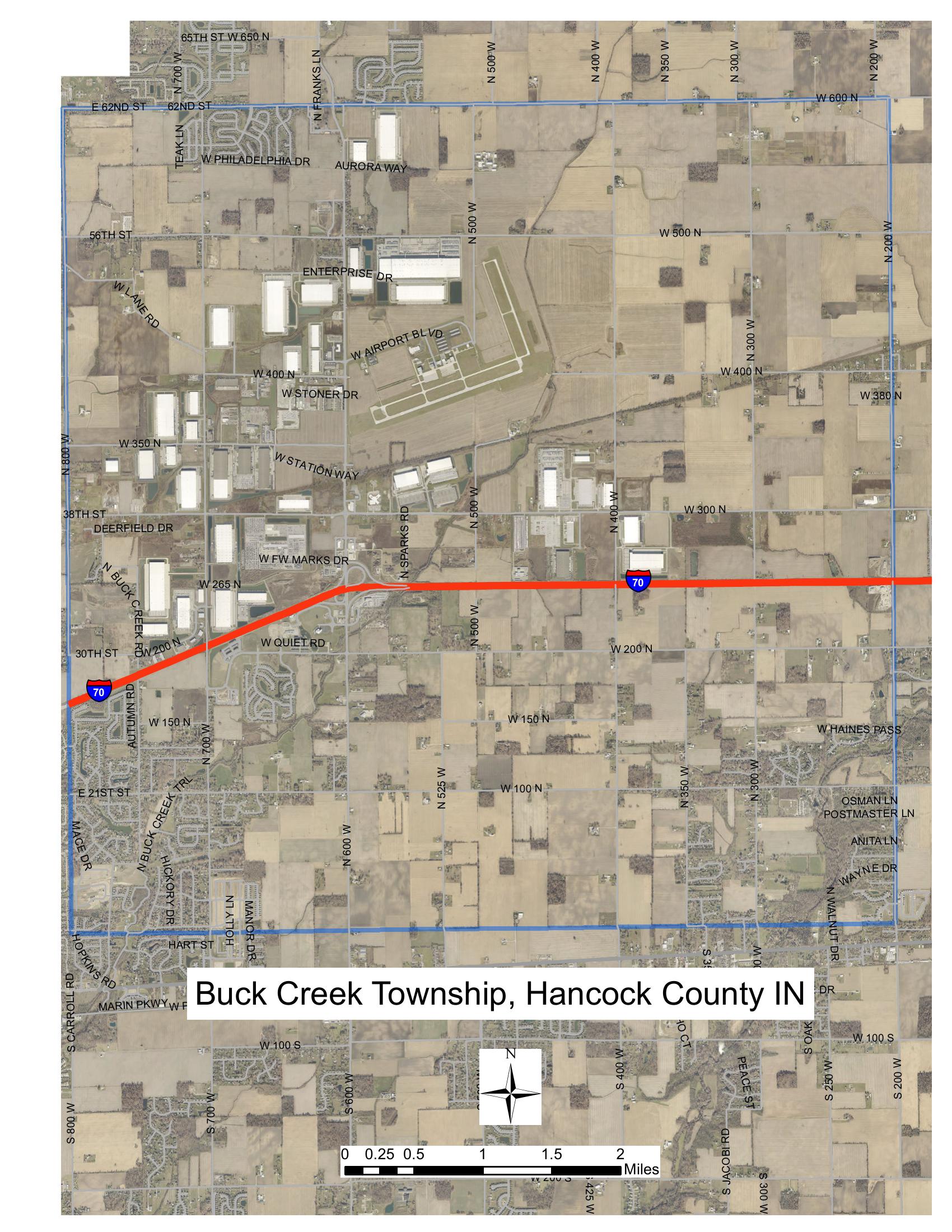 Map showing the limits of Buck Creek Township in Hancock County, Indiana